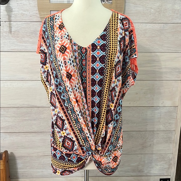 Bobbie Brooks Pink and Blue Tie Front Blouse 2X - Picture 1 of 4
